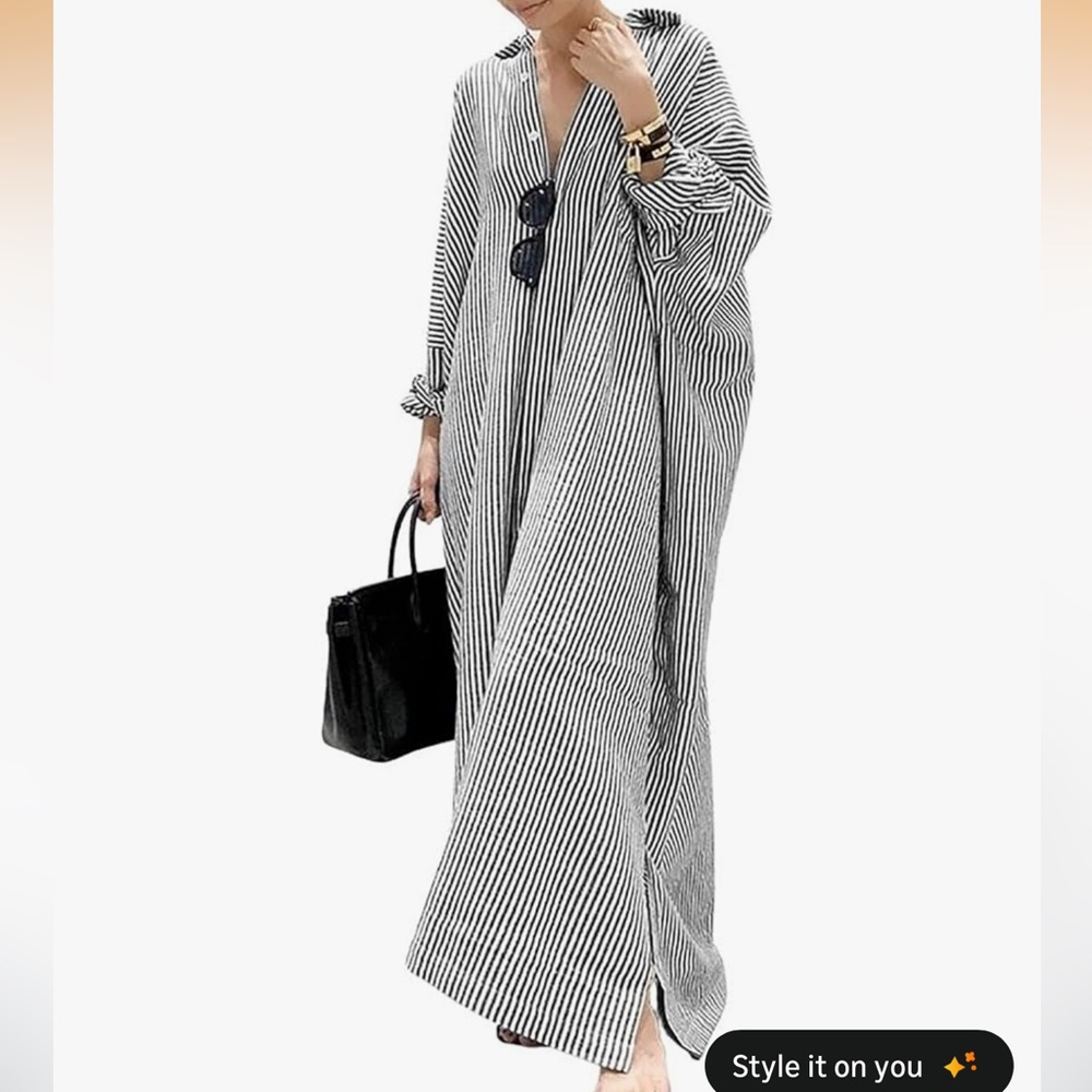 Black and White Striped Oversized Button-Up Dress